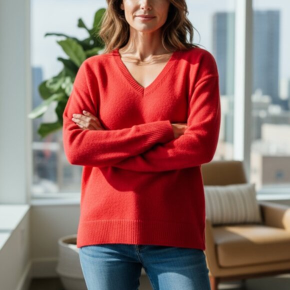 NWT $98 Halogen Red Bloom 100% Cashmere Knit Red V-Neck Sweater - Size L - Picture 1 of 5